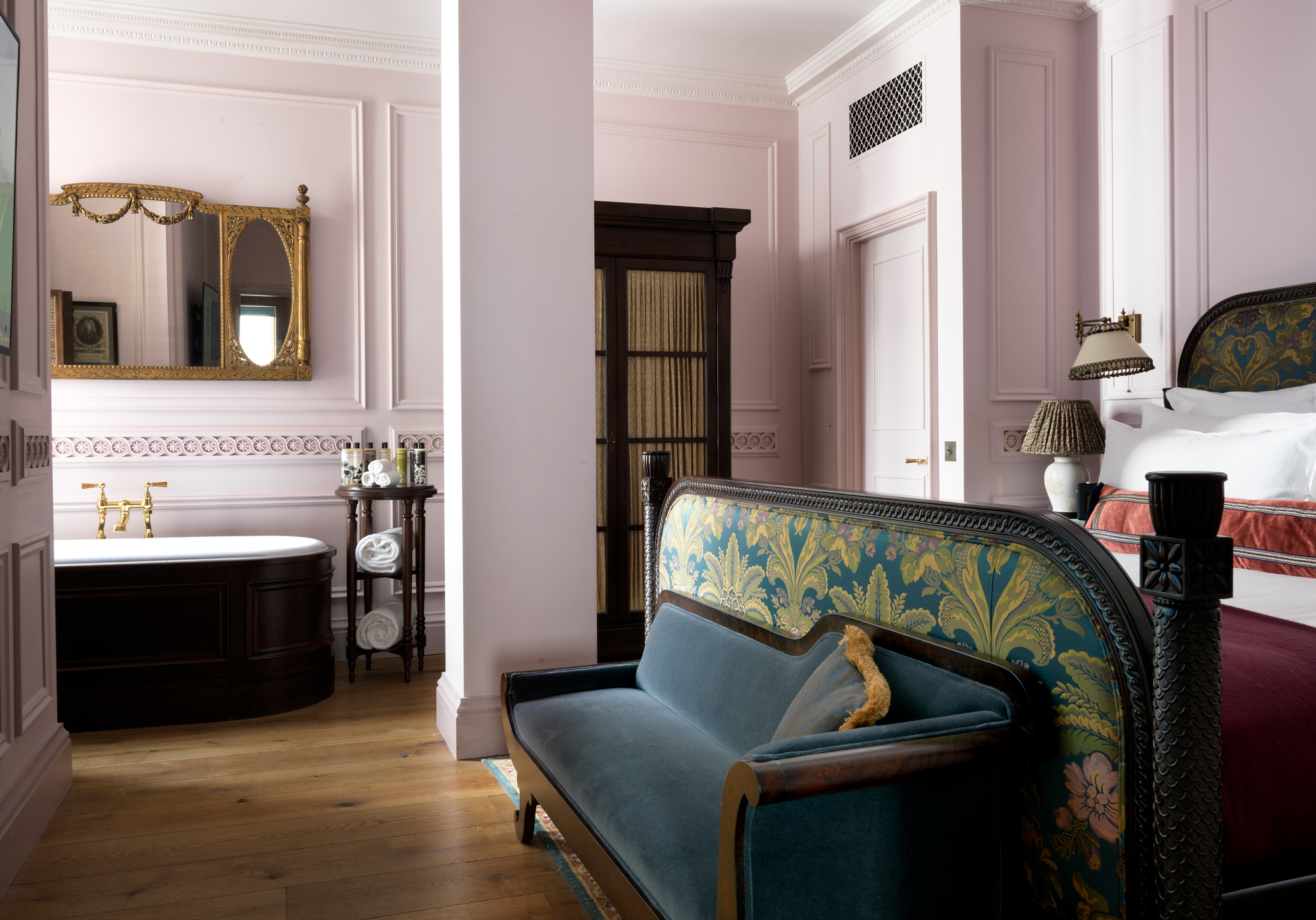 LOOK AT THOSE PINK WALLS. Ahem. The Lutyens Suite at The Ned.